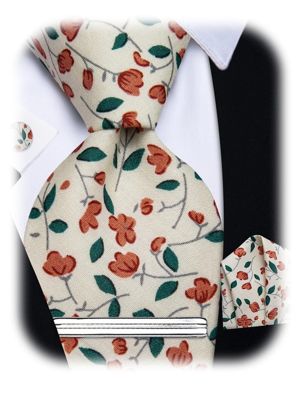 1726 Champagne Cotton Floral Tie 2.5" Printed Skinny Necktie Pocket Square